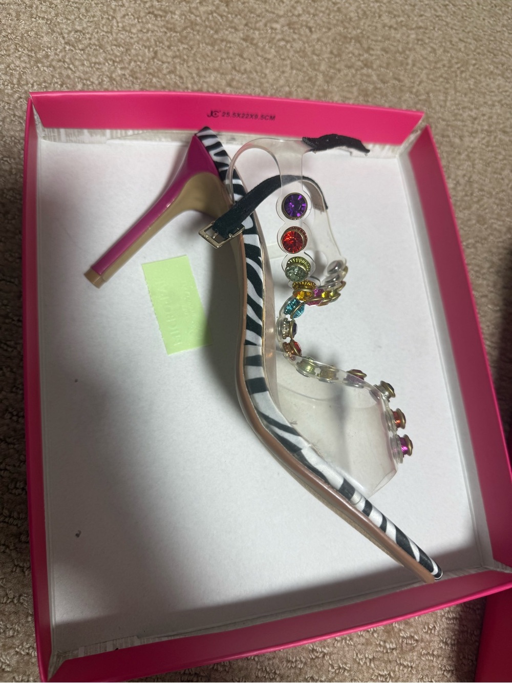 Betsey Johnson Zebra-Trim Clear Sandal with Pink Heel and Multicolored Gems
